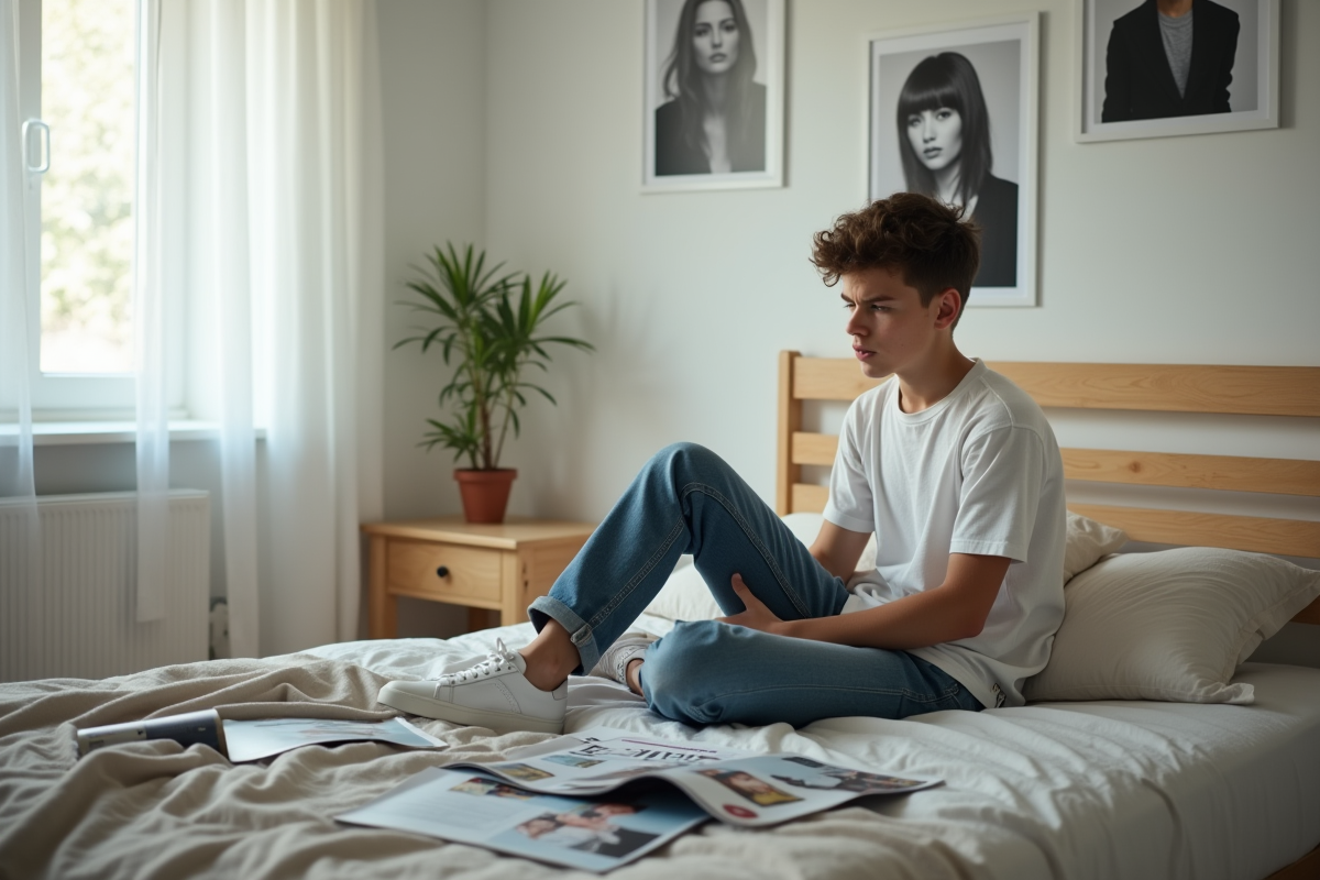 Adolescent regardant des magazines dans sa chambre