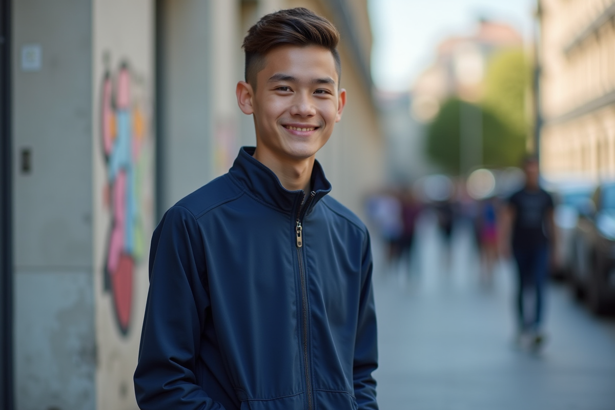 Adolescent avec coupe dégradé américain dans un décor urbain