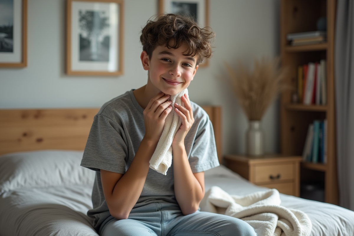 Adolescent se sèche le visage avec une serviette dans sa chambre