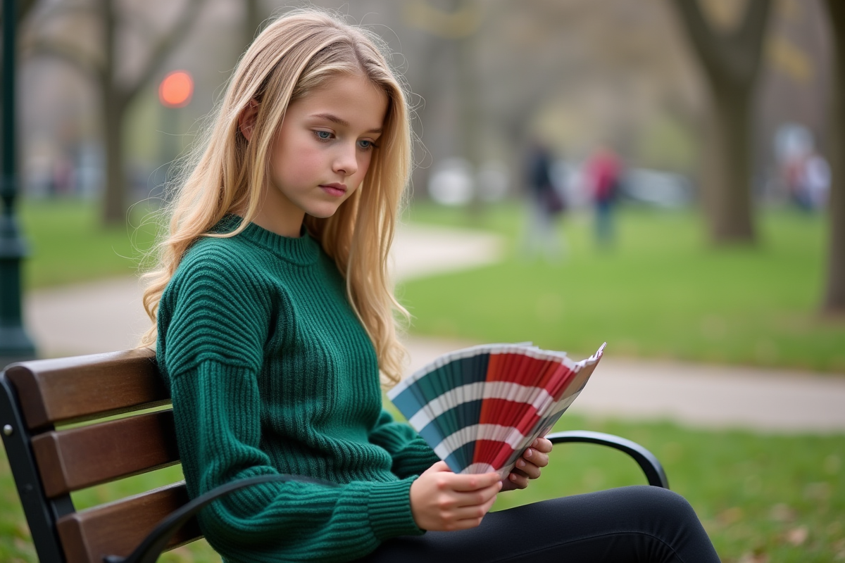 Adolescente blonde regardant des échantillons de couleur dans un parc