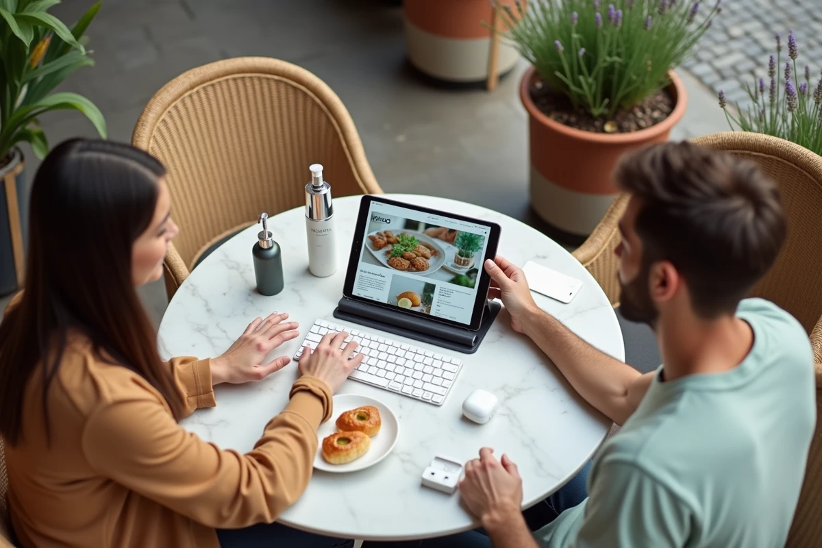 Deux amis blogueurs lifestyle travaillant ensemble en terrasse de café parisien autour d'une tablette et de produits beauté et tech arrangés sur marbre