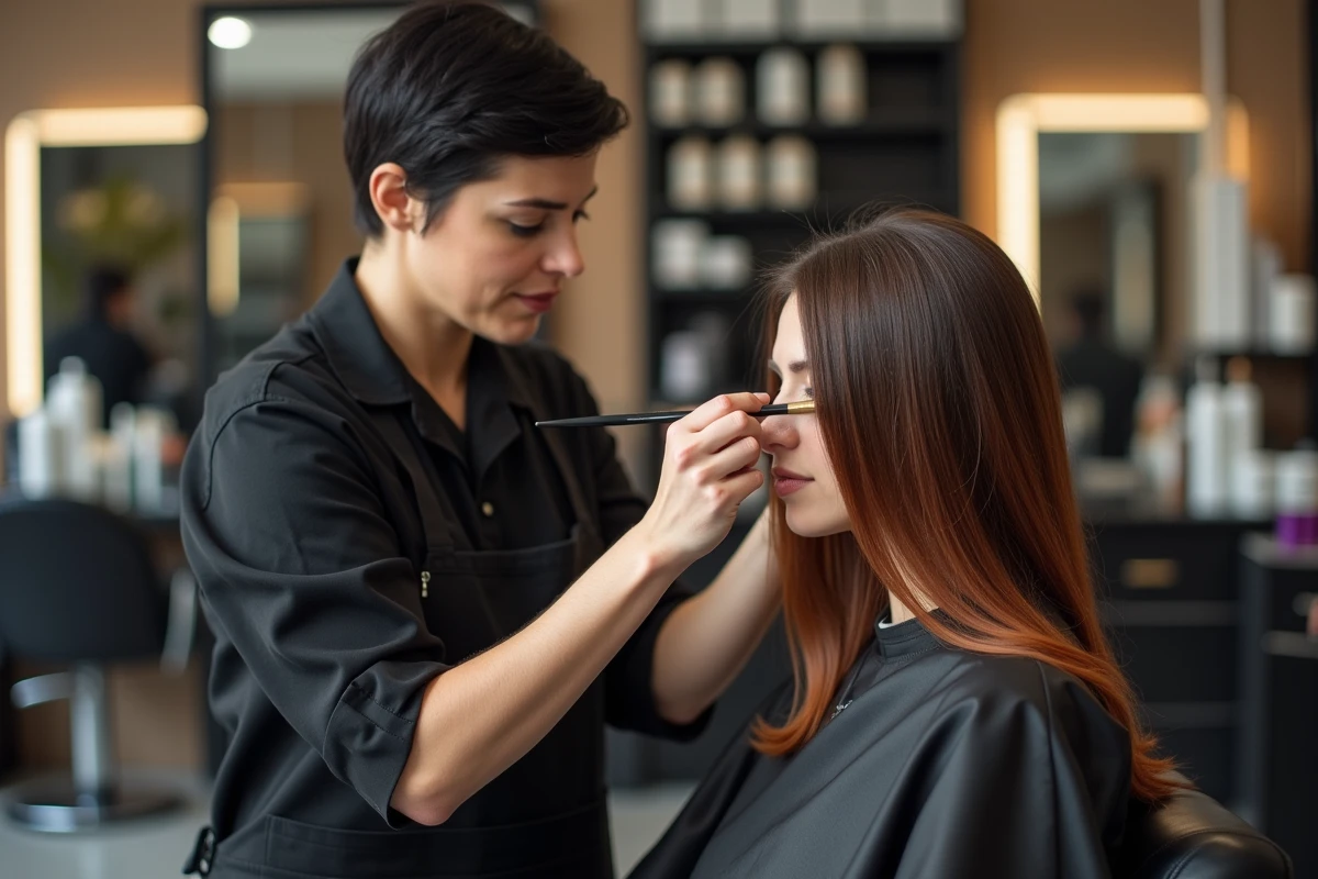 Application d'un balayage roux sur cheveux bruns dans un salon de coiffure professionnel