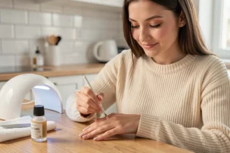 Jeune femme appliquant du gel sur ses ongles courts à la maison avec un matériel minimal posé sur une table de cuisine