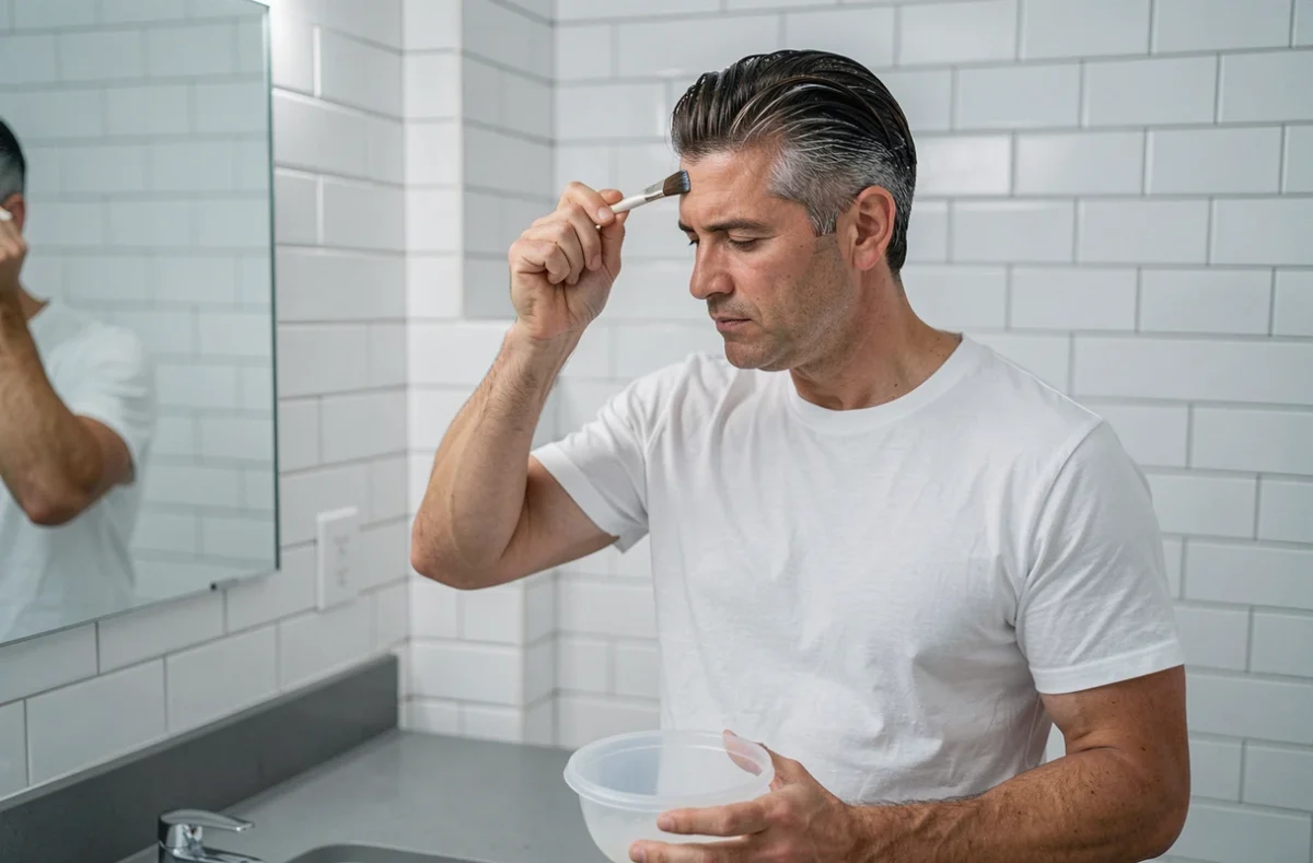 Homme appliquant une teinture cheveux gris à domicile dans une salle de bain moderne et épurée