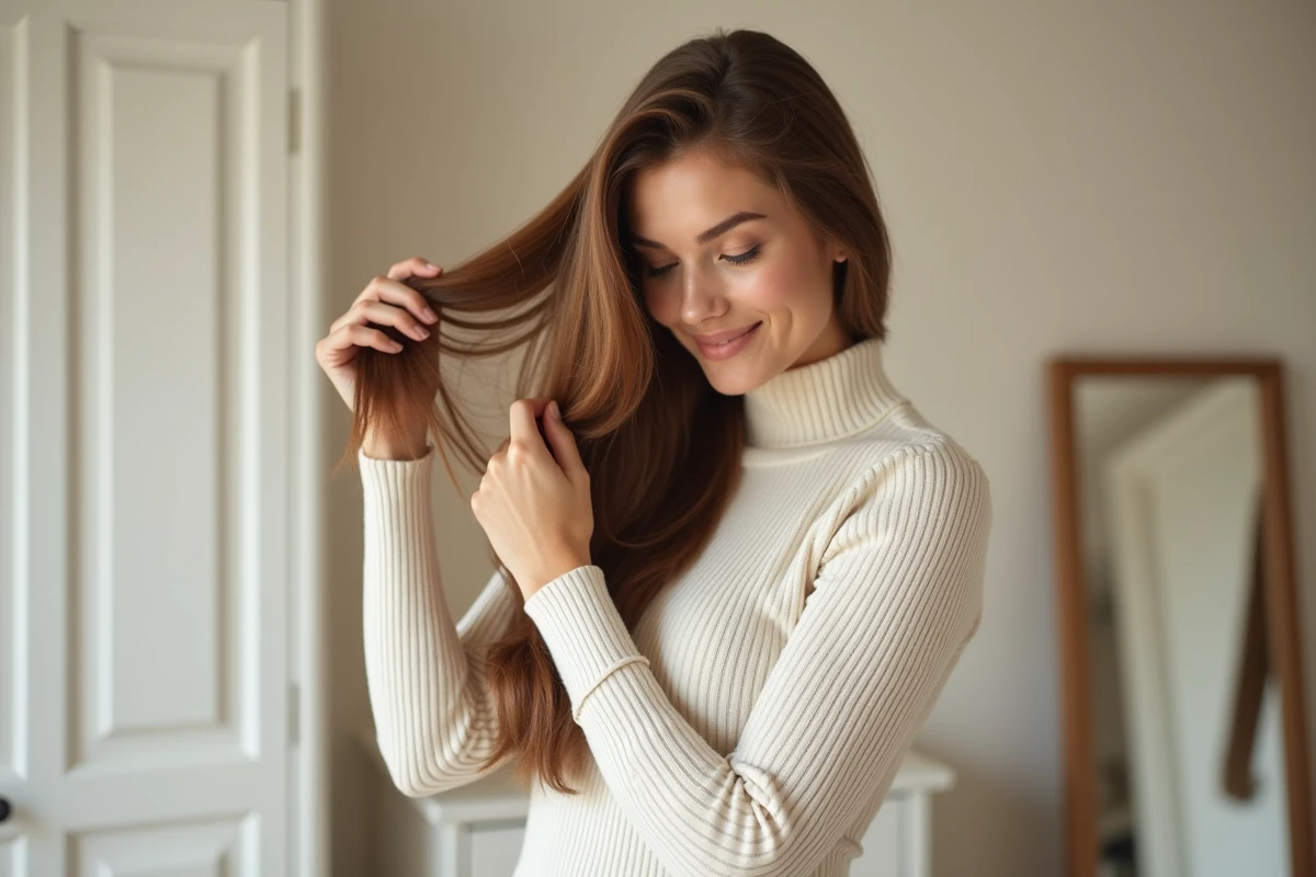 Femme avec extensions cheveux longs et volumineux après pose, résultat naturel
