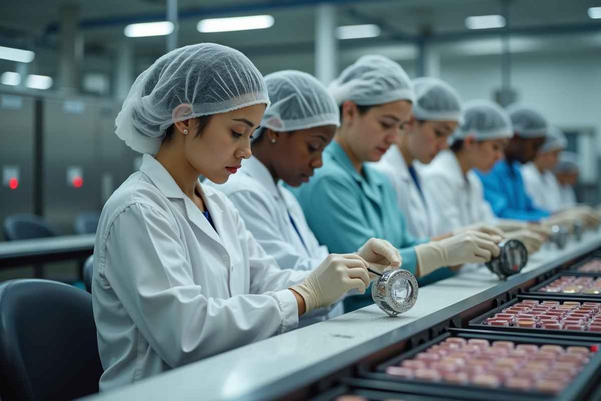 Groupe de travailleurs assemble produits cosmetiques