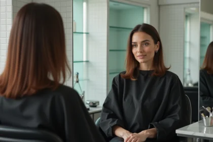 Femme aux cheveux courts avant la pose d'extensions capillaires dans un salon moderne