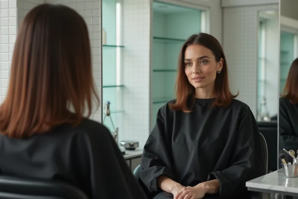 Femme aux cheveux courts avant la pose d'extensions capillaires dans un salon moderne