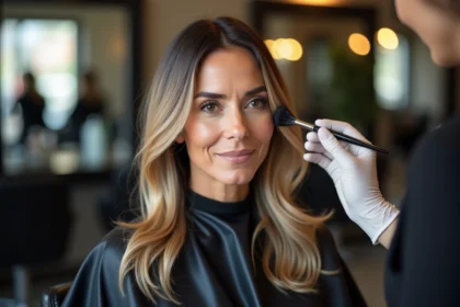 Femme en salon de coiffure recevant un balayage pour couvrir les cheveux blancs, coloriste appliquant la décoloration sur des mèches sélectionnées