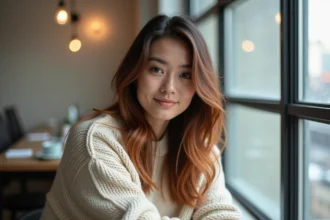 Femme aux cheveux bruns avec balayage roux naturel, effet fondu de la mi-longueur aux pointes