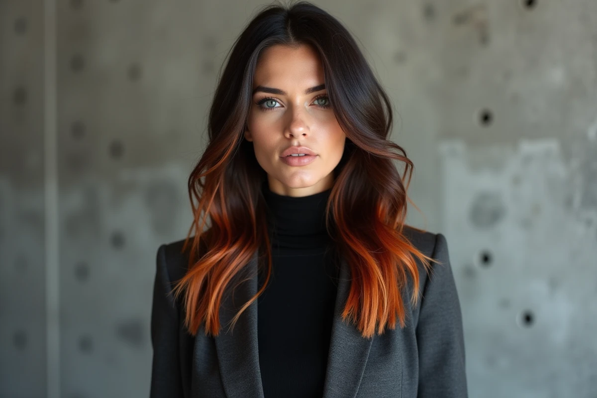 Balayage roux contrasté sur cheveux bruns foncés avec effet cuivré dramatique et structuré