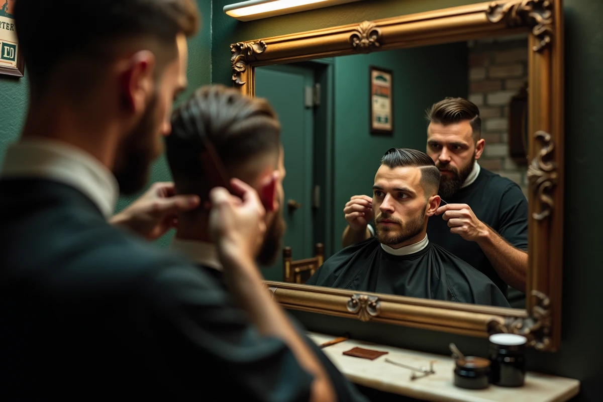 Barbier appliquant de la pommade sur une coupe slick back dans un salon de coiffure vintage avec miroir antique
