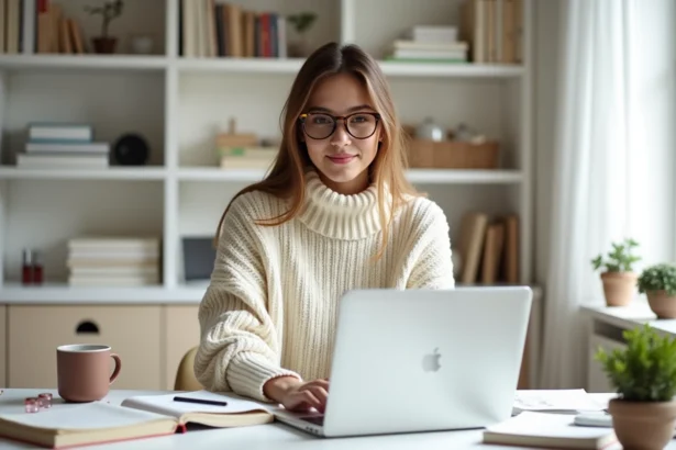 Jeune femme blogueuse lifestyle assise à son bureau avec ordinateur portable, carnets et produits de beauté dans un espace de travail minimaliste et cosy