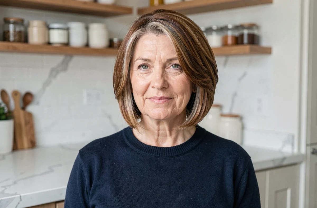 Femme de 60 ans arborant un bob court structuré avec des reflets naturels gris, coiffure adaptée au visage rond dans une cuisine moderne