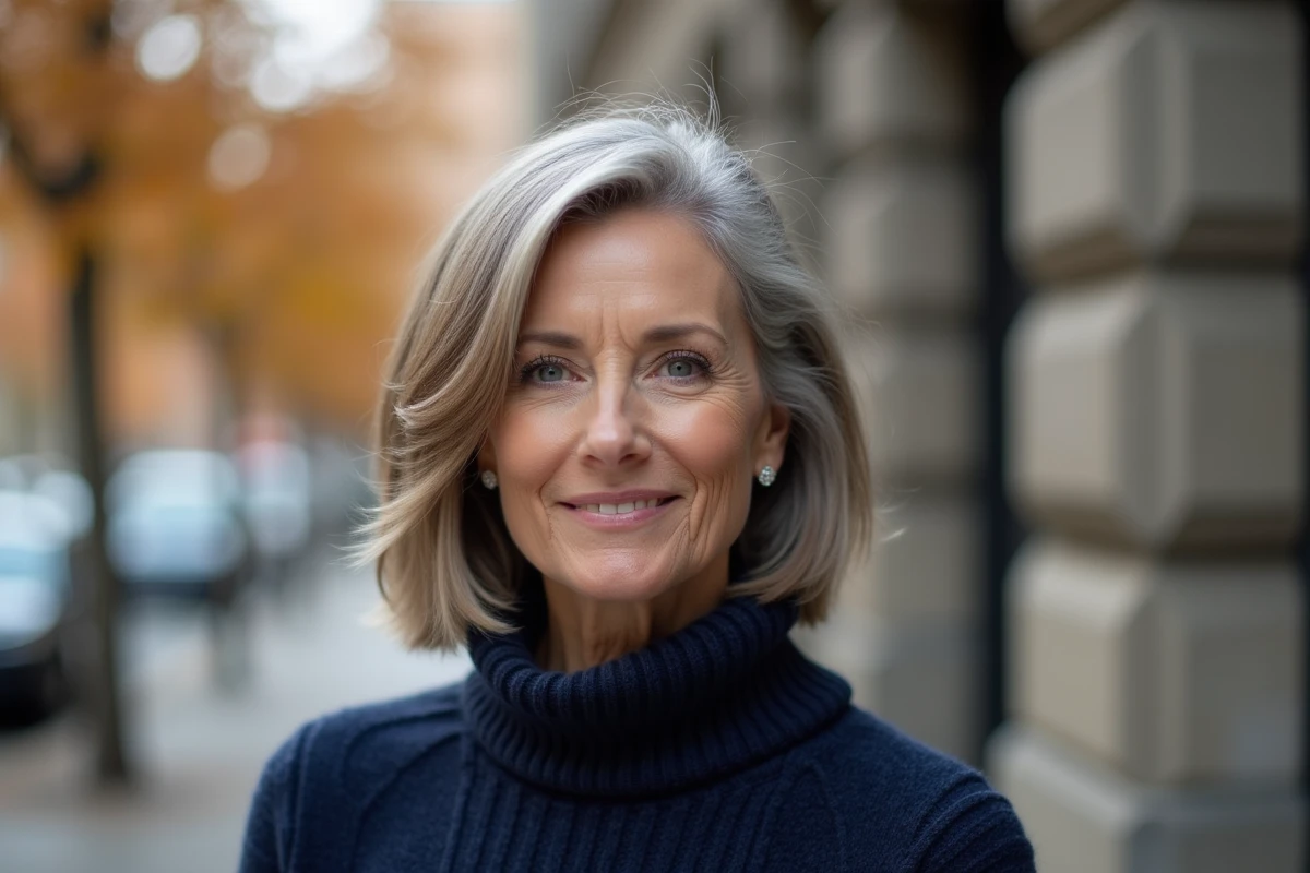 Femme mature avec une coupe bob courte et volumineuse adaptée aux cheveux fins et raides en extérieur