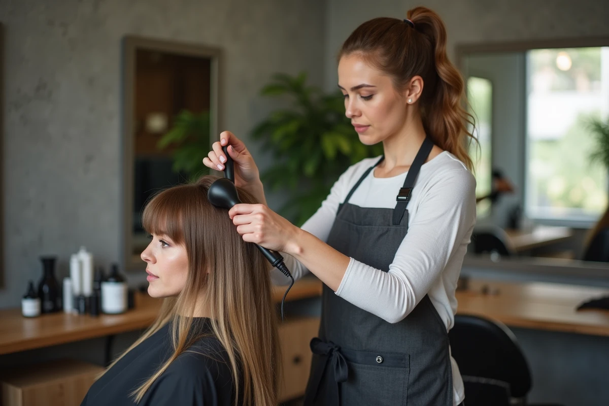 Coiffeuse professionnelle qui donne du volume à une coupe de cheveux fins et raides avec un brushing