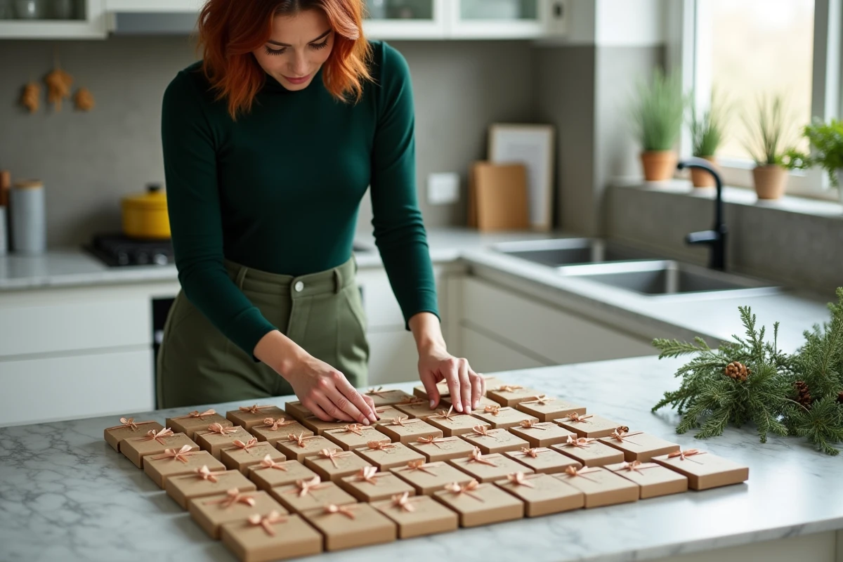 Femme arrangeant un calendrier de l'avent original avec des boîtes kraft et de l'eucalyptus sur un plan de travail en marbre dans une cuisine moderne