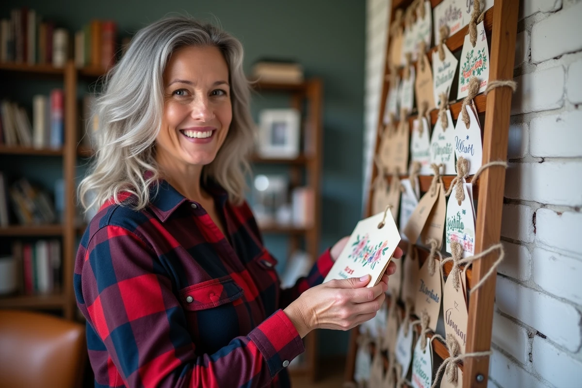 Femme souriante ouvrant une enveloppe numérotée d'un calendrier de l'avent suspendu à une échelle en bois vintage dans un bureau cosy avec mur en briques