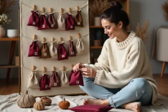 Femme découvrant son calendrier de l'avent original fait de pochettes en tissu numérotées bordeaux et doré dans un salon scandinave chaleureux