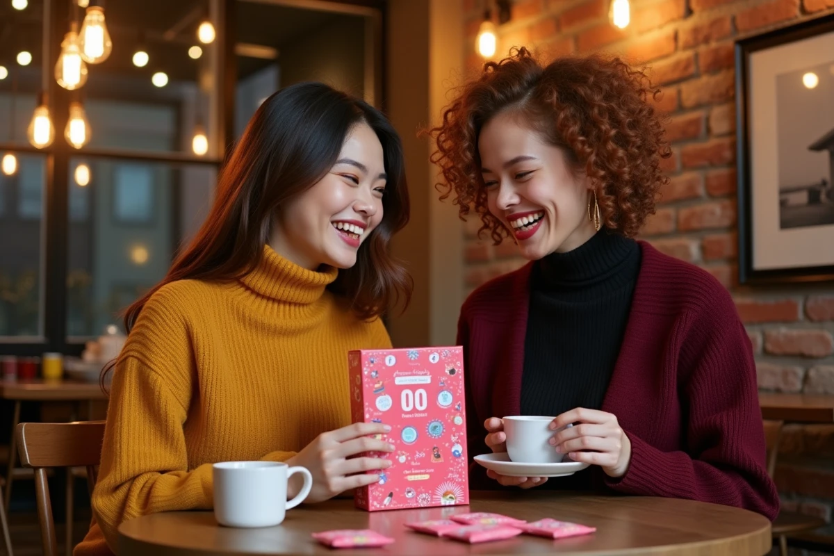 Deux amies comparant les produits de leur calendrier de l'Avent YesStyle dans un café cosy avec une ambiance hivernale chaleureuse