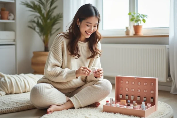 Jeune femme découvrant les produits de son calendrier de l'Avent YesStyle entourée de miniatures de soins coréens sur un parquet clair