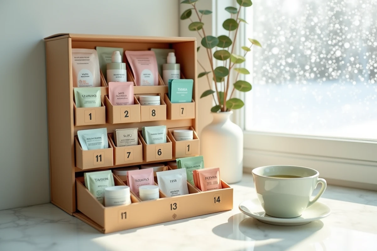 Gros plan sur un calendrier de l'Avent YesStyle ouvert avec des produits de beauté coréens disposés sur un marbre blanc en décor hivernal