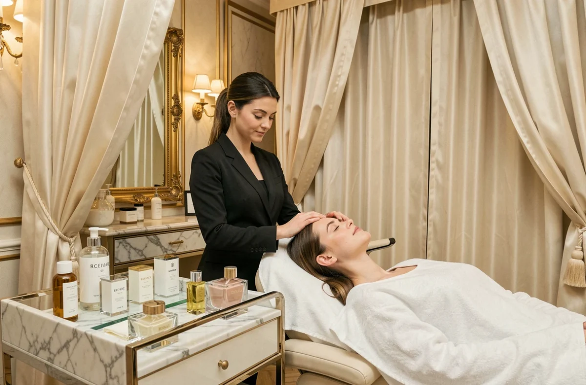 Soin visage haut de gamme dans la cabine luxueuse de Carita Lyon avec décor raffiné et produits premium
