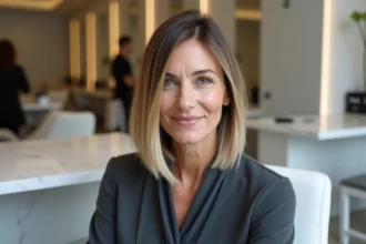 Femme aux cheveux fins avec un carré plongeant moderne dans un salon de coiffure parisien