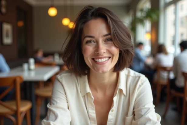 Femme aux joues rondes avec un carré plongeant court destructuré dans un café parisien, coiffure asymétrique valorisant le visage