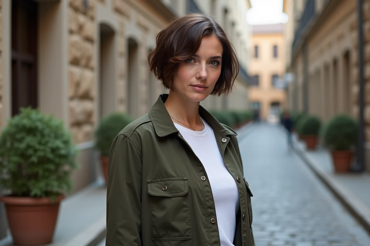 Femme avec visage rond et carré plongeant court destructuré en extérieur dans une rue pavée européenne, look casual chic