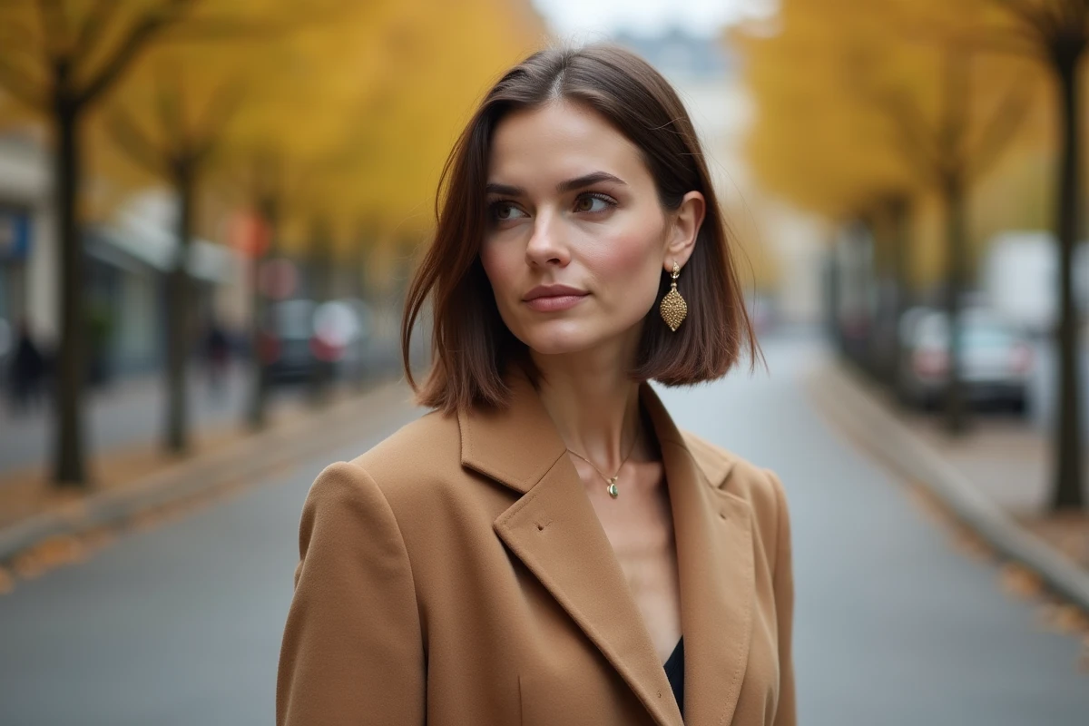 Carré plongeant sur cheveux fins porté en extérieur en automne avec manteau camel