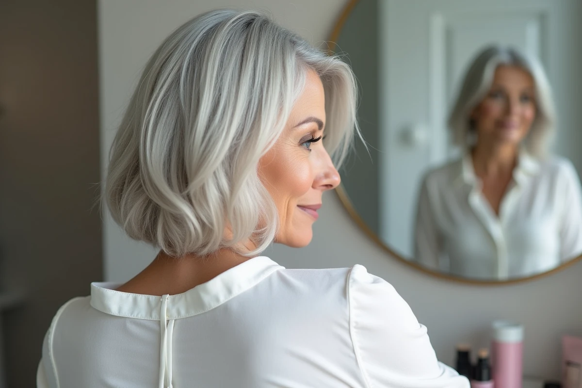 Femme mature aux cheveux fins argentés arborant un carré plongeant élégant devant son miroir
