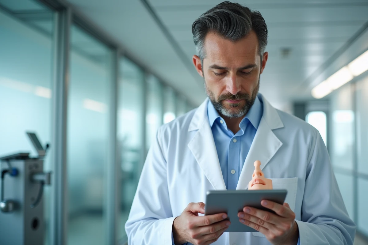 Chirurgien plasticien planifiant une rhinoplastie du nez grec sur tablette dans un environnement clinique moderne