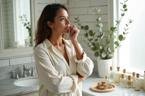 Femme à la peau mate sentant son poignet pour tester un parfum, entourée de flacons sur un comptoir en marbre dans une salle de bain minimaliste