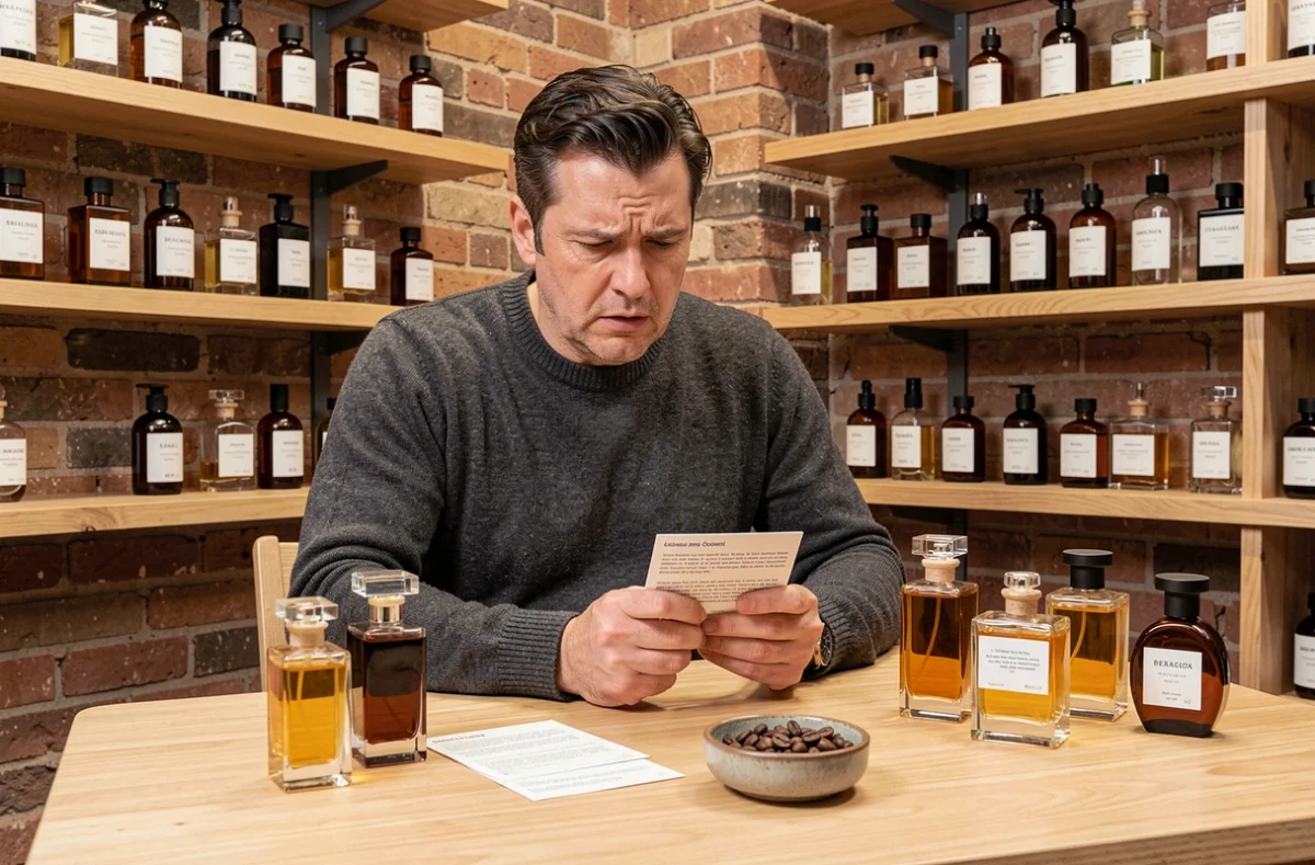 Homme face à une sélection de parfums de niche dans une boutique artisanale, semblant hésiter entre plusieurs flacons