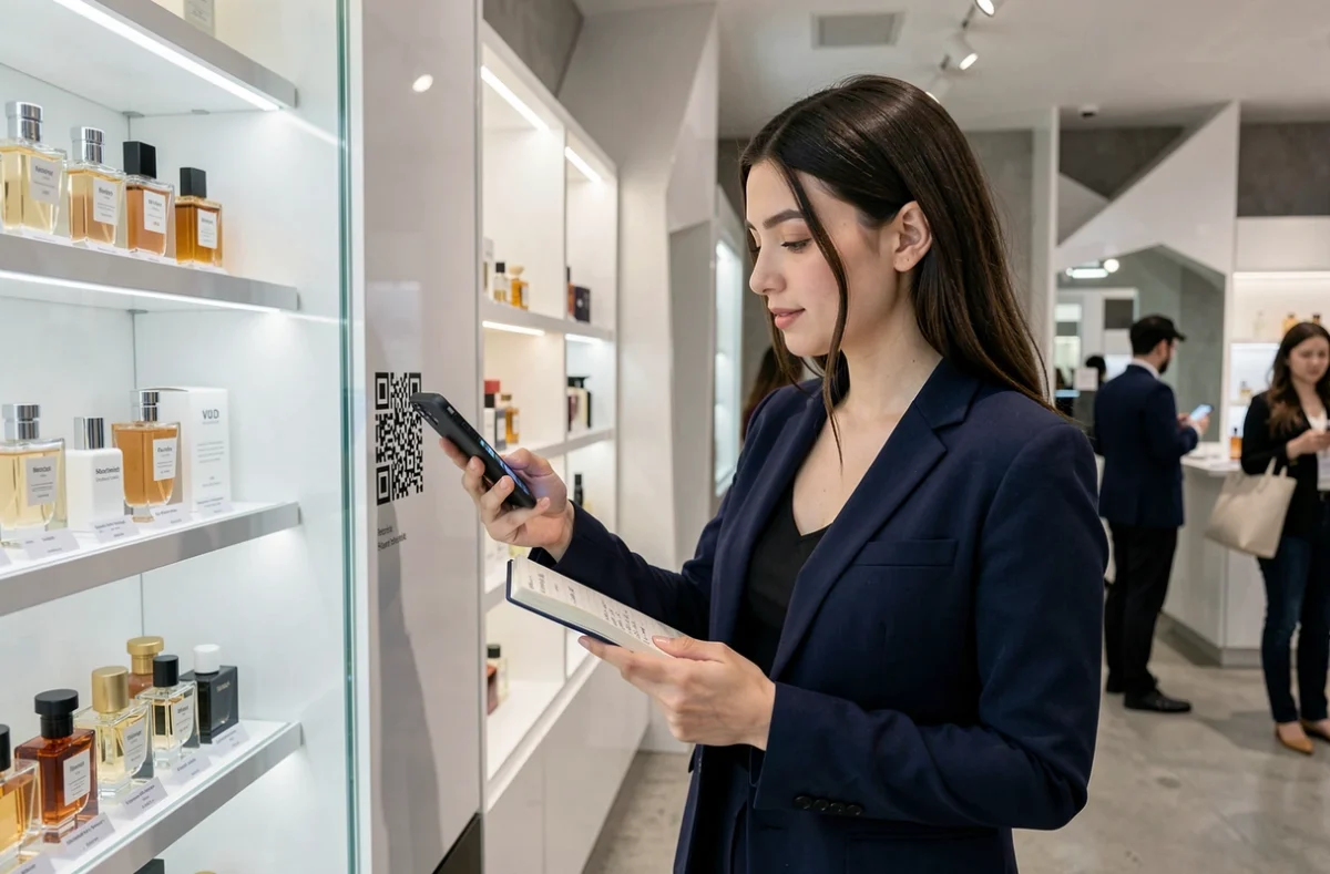 Jeune femme consultant son téléphone pour s'informer sur un parfum dans une parfumerie moderne et contemporaine
