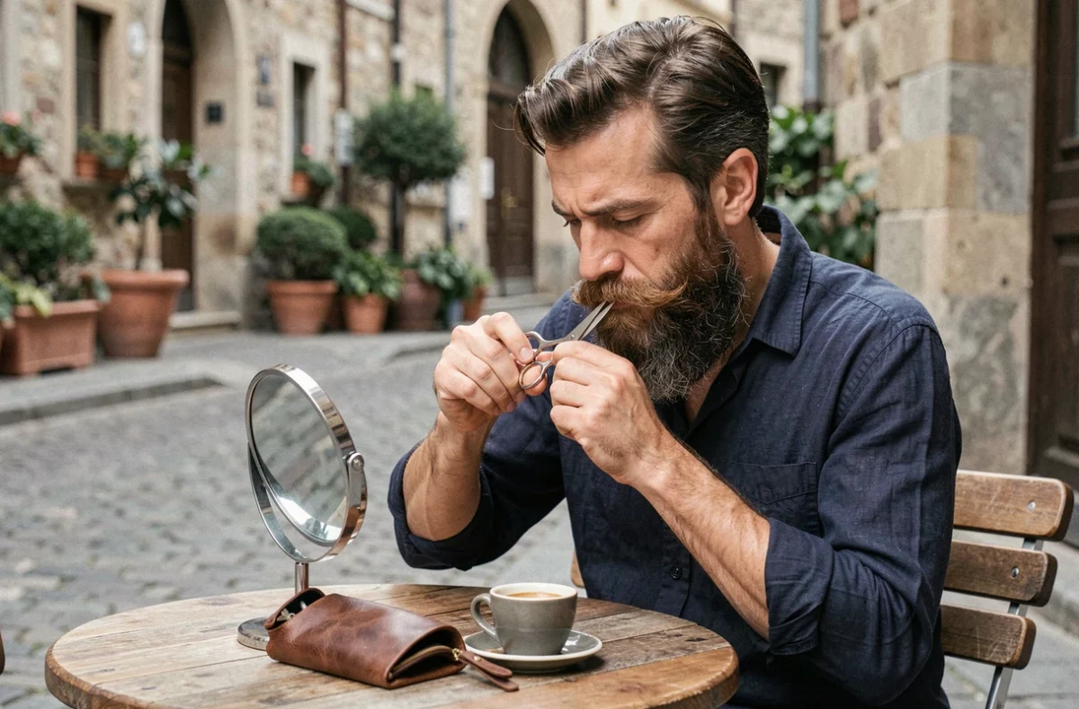 Homme taillant sa longue barbe en terrasse de café avec des ciseaux de précision et un miroir de poche
