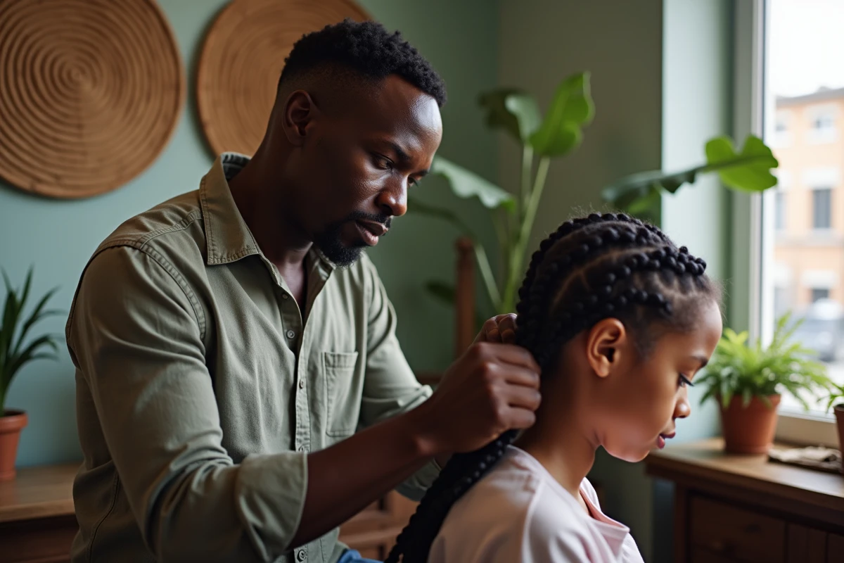 Coiffeur africain braquant une jeune fille dans un studio cosy