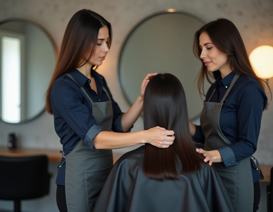 Coiffeuse professionnelle effectuant une coupe mi-long sur une cliente aux cheveux bruns dans un salon moderne minimaliste, vue de profil