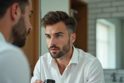 Homme aux cheveux fins appliquant une cire mate devant un miroir de salle de bain en bois et carrelage blanc