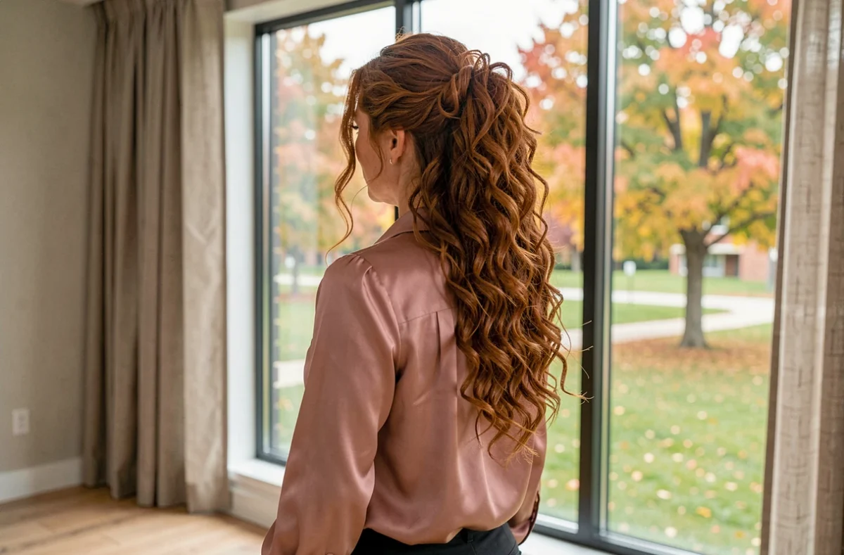 Femme aux cheveux longs bouclés auburn en demi-queue devant une fenêtre avec vue sur un parc en automne