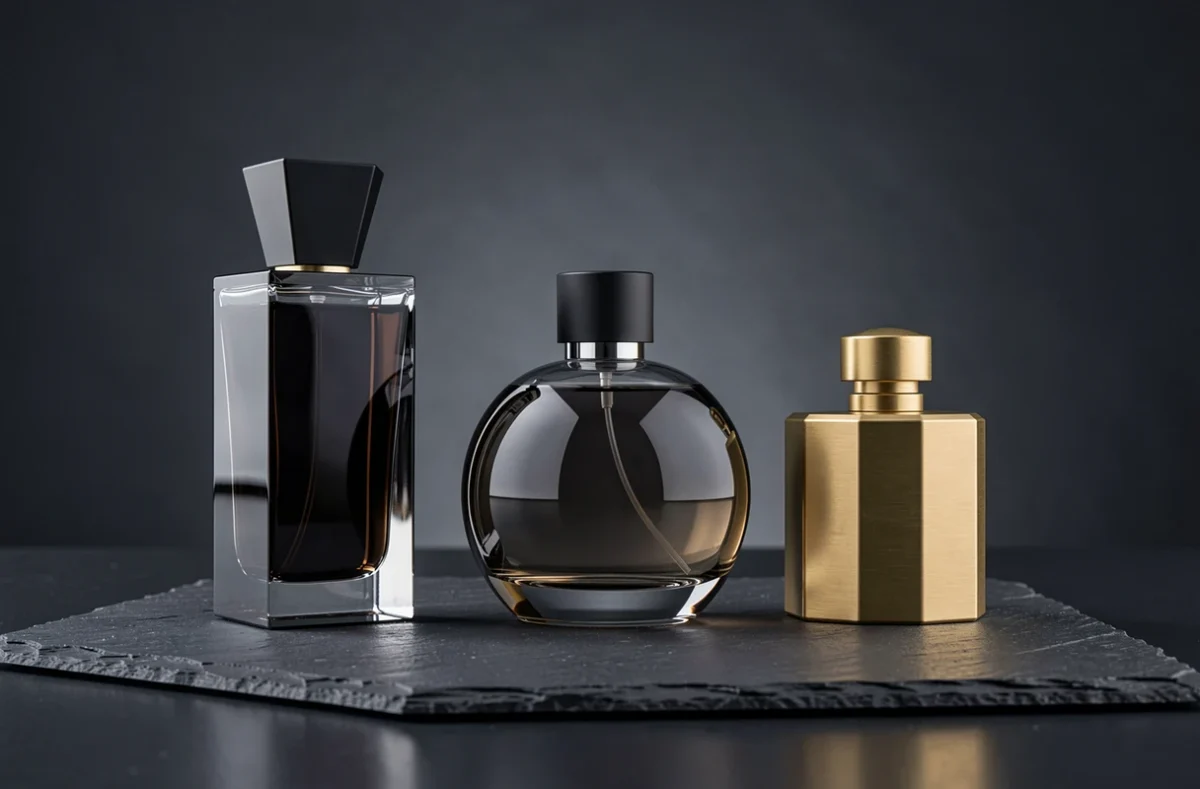 Trio de flacons de parfums masculins de luxe sur une surface en ardoise sombre pour comparaison de gamme Armani Code