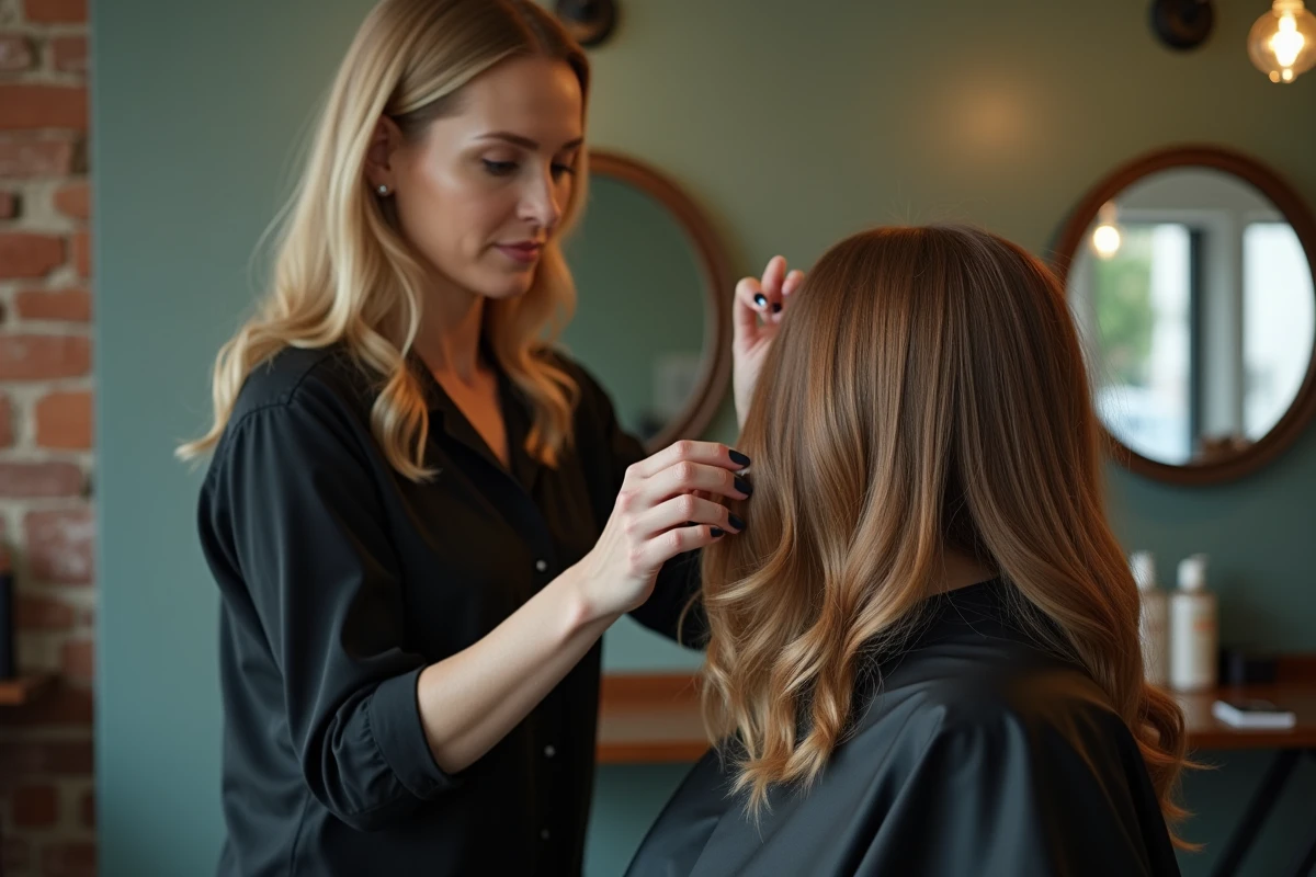 Comparaison de mèches d'extensions avec les cheveux naturels lors d'une consultation en salon