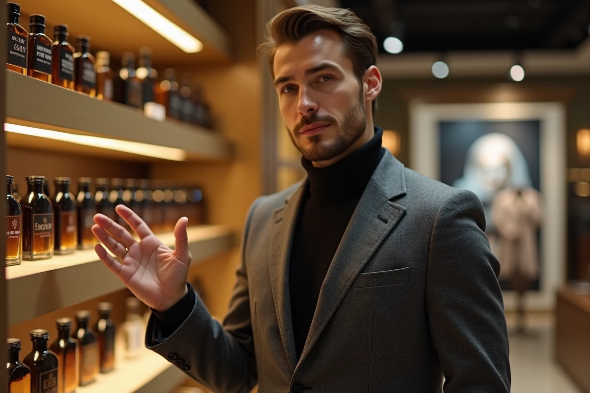 Homme comparant plusieurs flacons de parfums dupe masculins sur une étagère dans une boutique moderne