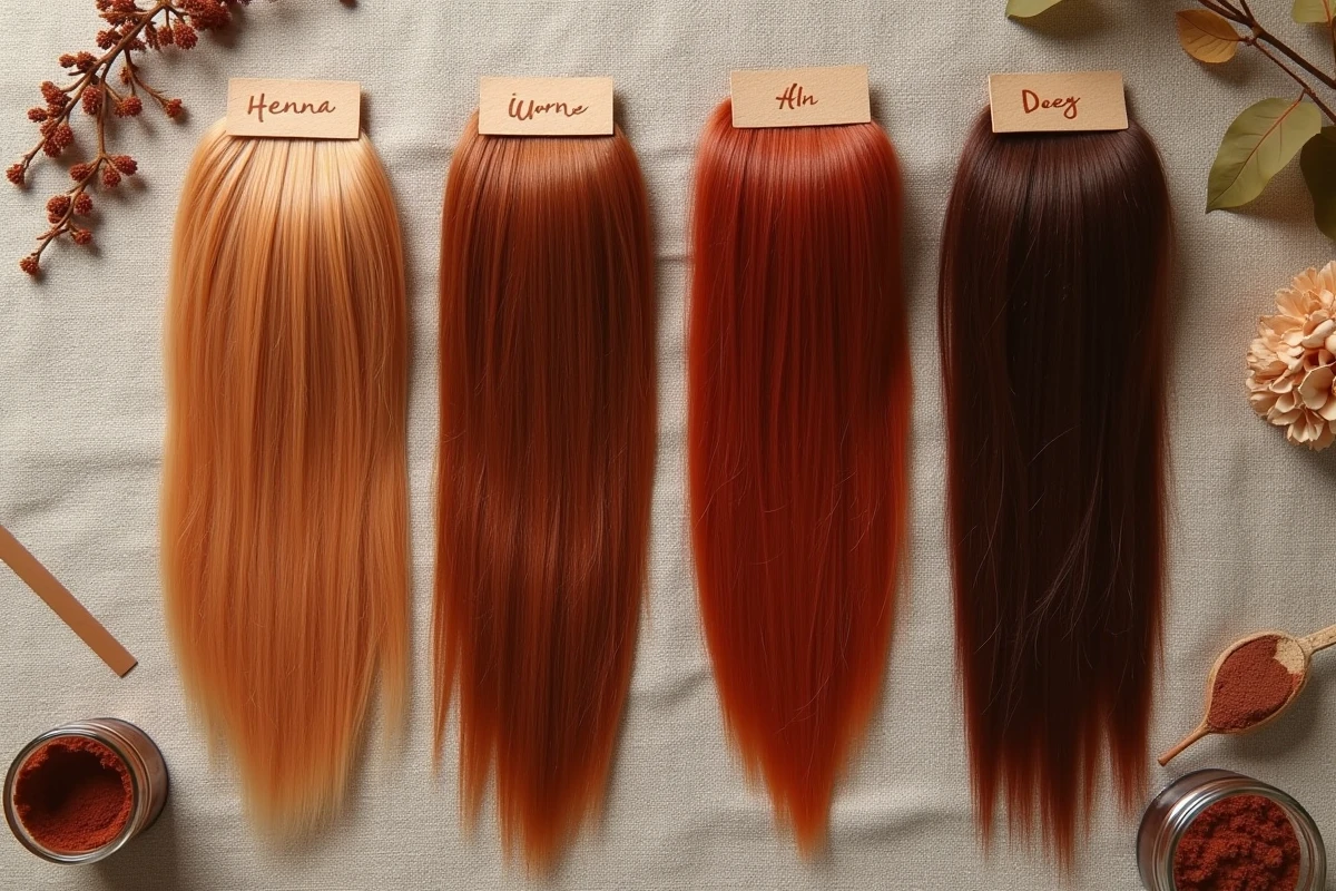 Comparaison de quatre mèches de cheveux colorées au henné sur différentes bases naturelles, du blond au noir, posées sur un tissu en lin naturel