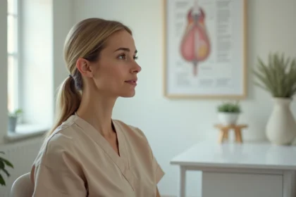 Femme en consultation de rhinoplastie présentant un nez grec naturel, vue de profil en cabinet médical moderne
