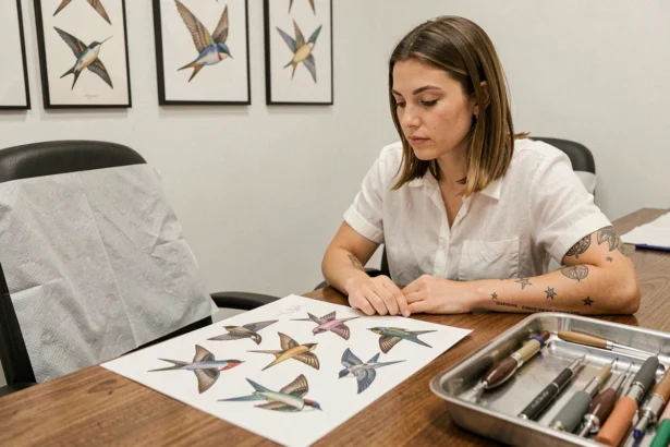 Femme en consultation dans un studio de tatouage examinant des modèles de tatouage hirondelle sur papier