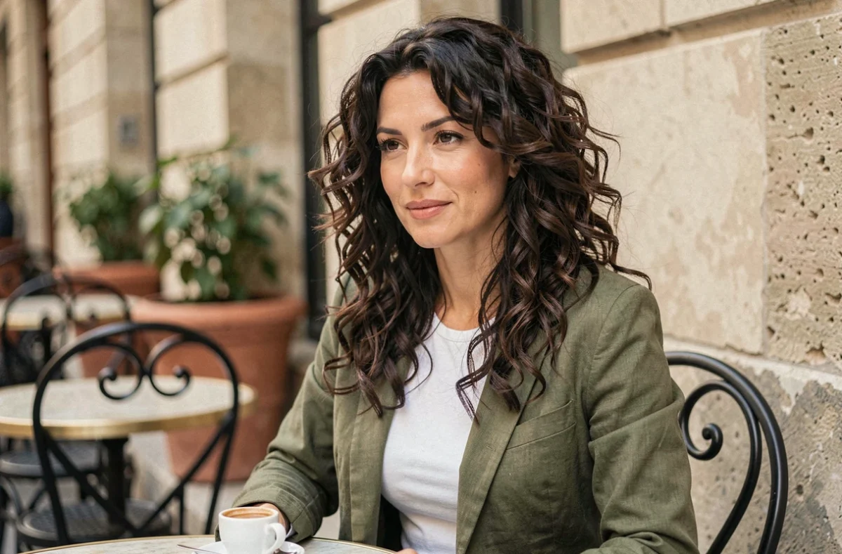 Femme aux longs cheveux bouclés bruns avec une coupe en couches assise en terrasse de café parisien