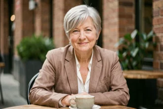 Femme de 60 ans avec une coupe courte pixie cut argentée adaptée à un visage rond, assise dans un café urbain