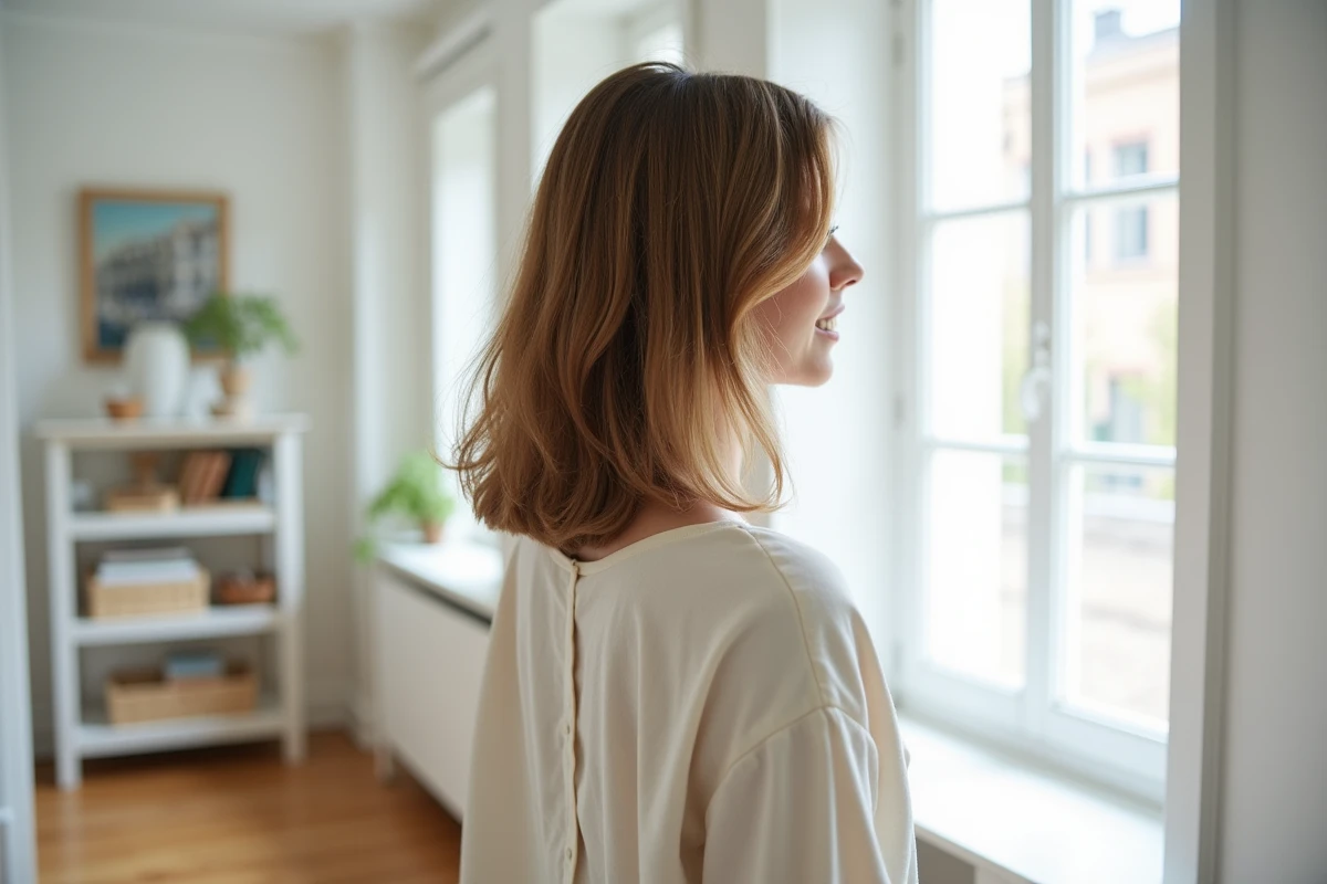 Vue de dos d'une femme montrant une coupe mi-longue en dégradé avec des couches bien définies dans un appartement scandinave lumineux